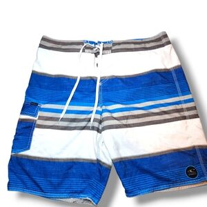 EUC O'Neill Santa Cruz Board Shorts Swim Trunks Blue White Striped  Mens Size 38